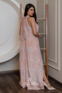 Venta caliente bohemio estampado Floral Maxi vestido escote Halter Flowy A-Line silueta verano noches vacaciones patrón Natural - Product Image 5