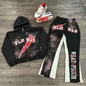 Custom Manufacturer Double Waisted Embroidery Baggy Stacked Pants Sweat Suit Y2k Rhinestone Flare Sweatpants and <b>Hoodie</b> Sets - Product Image 2