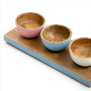 Exquisito juego colorido de madera de 3 Mini cuencos decorativos con bandeja Centro de mesa de lujo Premium Decoración para el hogar - Product Image 2