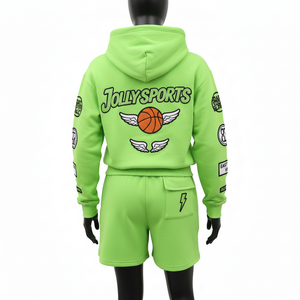 Conjunto de sudaderas con capucha y pantalones cortos tipo cargo de algodón y poliéster de 320 GSM para mujer, color verde neón, ropa deportiva con impresión de logotipo personalizado para mujer - Product Image 3