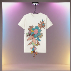 Venta caliente colorido diseño floral blanco algodón camiseta multicolor bordado con cuentas florales con lentejuelas habilidad artesanal y moderno - Product Image 1