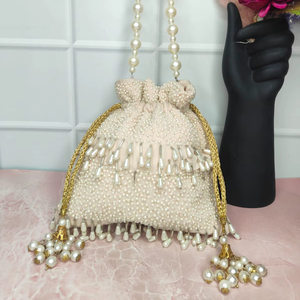 Indian Designer Potlis Evening Vintage Embroidery Diamonds <b>Portable</b> Canvas Bag - Product Image 1