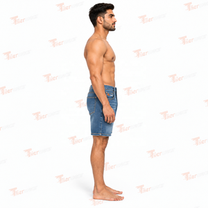 Shorts en jean pour homme, coupe droite, taille mi-haute, délavé clair, style décontracté d'été, en tissu de coton tissé - Product Image 4