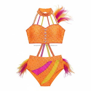 Traje de Baile con Pedrería Naranja para Niñas, con Cuentas de Cristal, para Competencia, con Plumas, para Samba y Baile Latino - Product Image 6