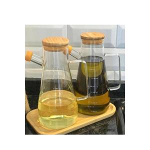 Bottiglia di olio e aceto di vetro borosilicato con coperchio di bambù e Base di bambù-Set di 3 900 ml di bottiglia di olio per Masterchef