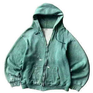 Ropa de calle con logotipo personalizado de gran tamaño térmico Vintage ácido lavado desgastado Waffle nuevo estilo cremallera sudaderas con capucha para hombres 100% sudaderas con capucha de algodón - Product Image 3