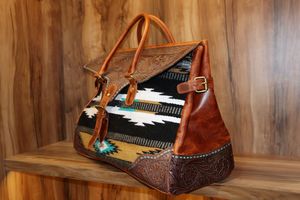 Western Leather Duffel Genuine Leather Duffel Aztec Southwest Weekender Duffle Weekender Travel Duffel - Product Image 2