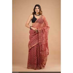 Sari de Seda Banarasi con Estampado de Bloques Kota Dorriya, Diseño Étnico Indio Hecho a Mano para Fiestas a Bajo Precio - Product Image 1