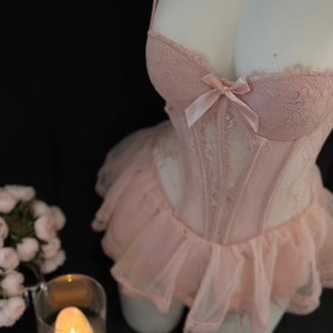 Camisón de encaje rosa con corsé de espina de pescado para mujer, con copas acolchadas, sexy, con mangas con volantes y efecto adelgazante en la cintura. - Product Image 3