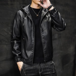 Veste d'automne pour homme, nouveau style, en similicuir noir uni, tissu tissé, broderie 3D, décoration en fourrure, rembourrage en coton, design à capuche - Product Image 4