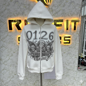 Sweat-shirt à capuche jaune zippé pour homme, style streetwear, imprimé motif ange 0126, logo Saint Front, coupe régulière, en molleton de coton, pour l'automne - Product Image 6