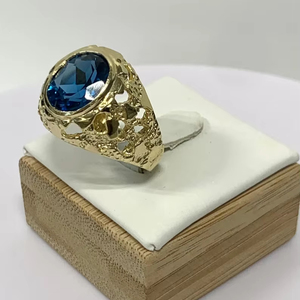 Bague bleue Style pépite véritable or massif 10k or jaune massif couleur homme pierre forme bague pépite ovale pierre saphir - Product Image 1