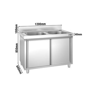 Meuble d'évier commercial PREMIUM - Acier inoxydable - 1200x600mm - avec 2 bacs centraux - Product Image 2