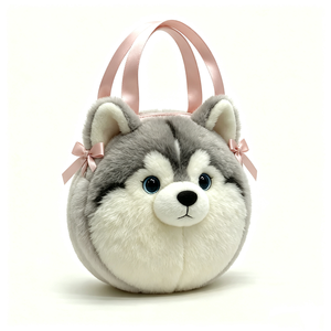 Bolso de peluche con forma de bola de husky de dibujos animados personalizado, lindo bolso de peluche de husky con correa de cuerda, bolso de mano redondo de peluche de husky gris - Product Image 2
