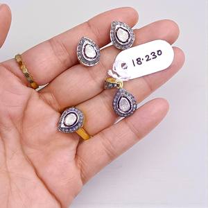 Ensemble de bijoux en argent 925 plaqué or avec diamants Polki au design incroyable, ensemble de boucles d'oreilles, pendentifs et bagues - Product Image 3