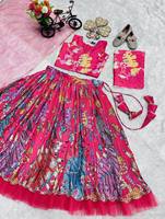 Choli Festif et Élégant pour Filles et Enfants, pour Mariage et Diwali, en Crêpe Naturel Lourd et Extensible, avec Broderie et Imprimé Positionnel