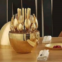 Ensemble de couverts en acier inoxydable plaqué or brillant avec cuillères en laiton, pour événements de mariage, 24 pièces, avec support doré en forme d'œuf