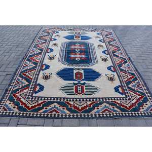 Alfombra turca Vintage clásica azul Beige 7,1X9,4 pies Patchwork patrón abstracto Material de lana látex para pasillo rectangular de vida - Product Image 1