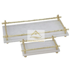 Bandeja larga de metal blanco y dorado con asas de diseñador, centro de mesa de Calidad exclusiva, bandeja decorativa y para servir - Product Image 3