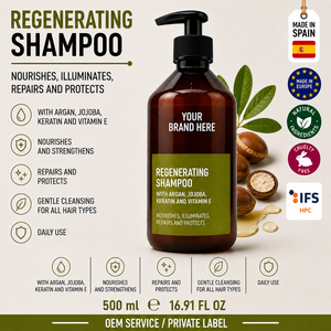 Champú de Argán, Jojoba y Queratina de Marca Privada 500ml OEM |   Champú Regenerador, Nutritivo y Antienvejecimiento para Reparación del Cabello |   España UE - Product Image 1