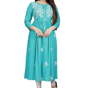 Indian Handmade Women's Rayon Flared Embroidery Kurti Designer Attractive Look Women's Kurta