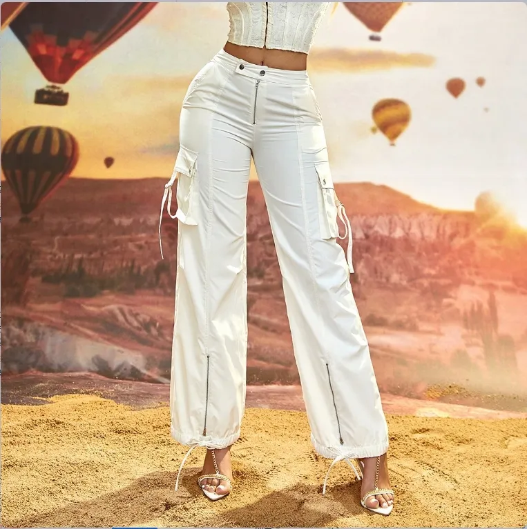 Calças casuais D&M para mulheres, calças de cintura média, calças cargo brancas de pernas largas, calças cargo personalizadas com vários bolsos, novidade em cor sólida