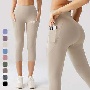 Leggings de sport pour femmes, taille haute, longueur cheville, rayés, en spandex/nylon, respirants, avec poches - Product Image 1