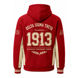 เดลต้า ซิกมา ทีต้าเสื้อสเวตเตอร์มีฮู้ดสำหรับทั้งชายและหญิง สีแดงครีม ผ้าฟลีซ พิมพ์ลายด้านหน้าและด้านหลัง สวมใส่สบายๆ ในฤดูใบไม้ร่วง - Product Image 6