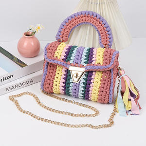 <b>Crochet</b> Celebrity Cross-border Hot Selling Handmade Women's Striped Contrast Cloth Woven Chain Strap Soft Crossbody Cover Tassel - Product Image 5