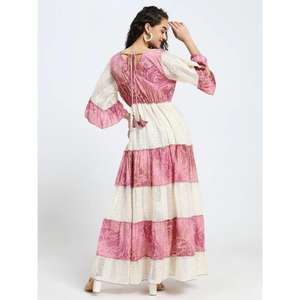 Womens Pink White Tiered Maxi <b>Dress</b> V Neck Printed <b>Long</b> <b>Dress</b> With Flared Sleeves Boho Casual Summer Ladies <b>Dress</b> - Product Image 4