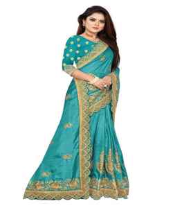 Experimente el lujo con nuestros saris de trabajo de bordado de hilo Chinon en una variedad de colores con blusa sin costuras - Product Image 1