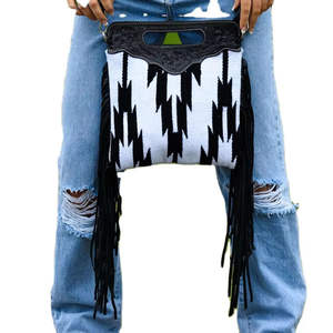 Western Boho Animal Print Saddle <b>Blanket</b> Clutch Handwoven Genuine Leather Hand Tooling Travel Made in India - Product Image 2