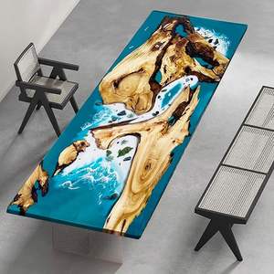 Table à manger rectangulaire en résine époxy artisanale de luxe, plateau en bois d'acacia moderne imperméable, utilisation en intérieur dans le salon - Product Image 3