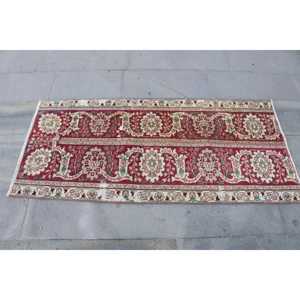 Vintage Rug, 2.3x5.1 ft Turkish Rug, <b>Red</b> Green Moroccan <b>Wool</b> Rug - Product Image 4