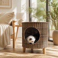 Nouveau Nid pour Animaux de Compagnie en Rotin Tressé à la Main, Écologique, Semi-fermé, Maison surélevée pour Chat avec Pieds en Bois, Idéal pour Salon et Toutes Saisons
