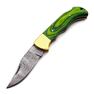 Handmade High Quality Damascus Steel Folding Blade Pocket <b>Knife</b> Green Wood Brass Back Lock Leather Sheath Customizable Hunting - Product Image 5
