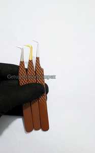 Pince à épiler professionnelle pour extensions de cils, en acier inoxydable, avec revêtement en poudre marron à 90 degrés, poignée diamantée, instrument de beauté - Product Image 2