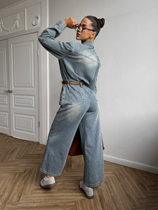 Vintage Long Sleeve Denim Jumpsuit Women Elegant <strong>Turn</strong> Down Collar Button <strong>up</strong> One Piece Romper Wide Leg <strong>Jeans</strong> Overalls - Product Image 1