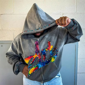 Sweats à capuche délavés à l'acide et à la pierre vintage pour hommes 100% coton éponge française surdimensionnée à double capuche avec broderie pour l'hiver - Product Image 2