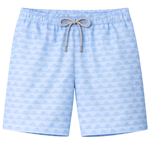Shorts de bain recyclés pour hommes, bleu clair, imprimé éléphant, séchage rapide, avec cordon de serrage à la taille et poches - Product Image 1
