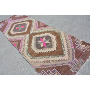 Alfombra Kilim turca Vintage de 3,8x11,2 pies, diseño clásico de retales marrón y rosa, Material de lana con respaldo de látex para pasillo de dormitorio - Product Image 4