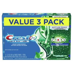 Dentifrice Crest Premium Plus Scope Outlast longue durée saveur menthe 5.2 Oz Lot de 3 Fabriqué en Allemagne - Product Image 1