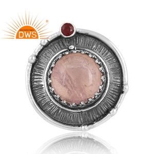Latest Trending <b>Oxidized</b> Sterling Silver Natural Garnet & Rose Quartz Gemstone Statement Ring Custom Jewelry For Women - Product Image 2
