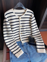 Gestreifter Strick-Cardigan für Damen, Winter, V-Ausschnitt, einreihig, lange Ärmel, normale Passform, modisch, lässig, schick, schlicht, 220g Pullover
