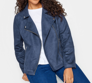 Women's Navy Blue Suede Moto <b>Jacket</b> <b>With</b> <b>Zipper</b> Closure And Side <b>Pockets</b> Regular Fit Autumn Style - Product Image 2