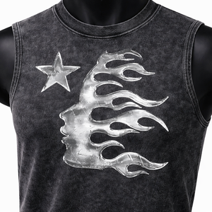 Camiseta sin mangas para hombre con lavado ácido, gráfico de llamas metálicas, estilo streetwear, vintage, lavada, oversize, tipo muscle, chaleco de algodón personalizado - Product Image 5