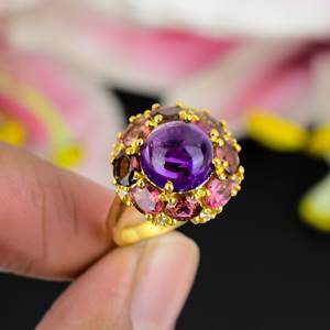 Trendy 925 Sterling Silver Fine <b>Ring</b> <b>Gold</b> Plated with Natural <b>Amethyst</b> & Pink Tourmaline Gemstones Classic Doblet Stone Jewelry - Product Image 1