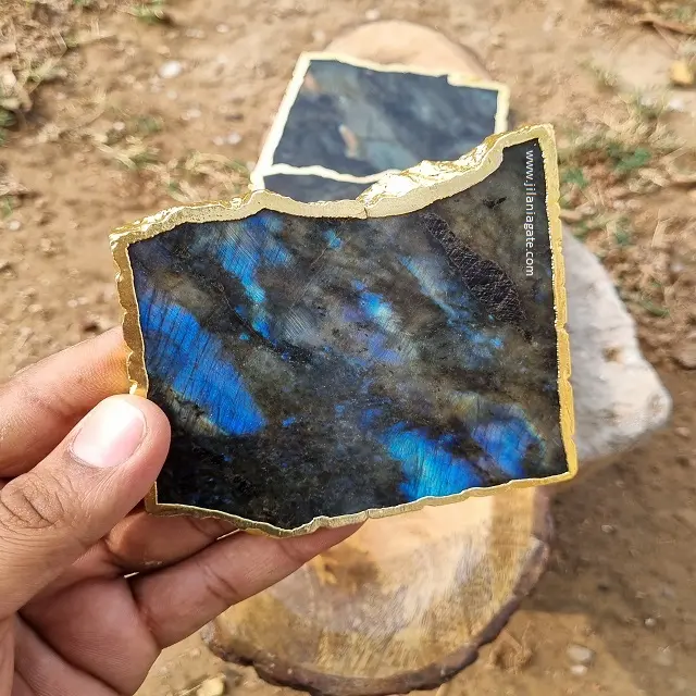 New Arrival Flashy Labradorite Natural Shape Agate Coasters With Gold Edging Gemstone Coaster For Home Decoration WholesalePrice