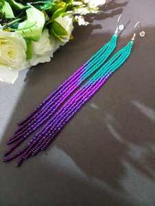 Pendientes de cuentas pendientes largos morados pendientes largos extra, pendientes de flecos pendientes bohemios pendientes de cuentas hechos a mano - Product Image 3