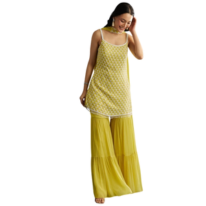 Vert citron Chinon Kurta Sharara ensemble avec tour de cou Dupatta pour la mariée Sangeet Mehndi occasions festives en gros et ethnique en vrac - Product Image 4